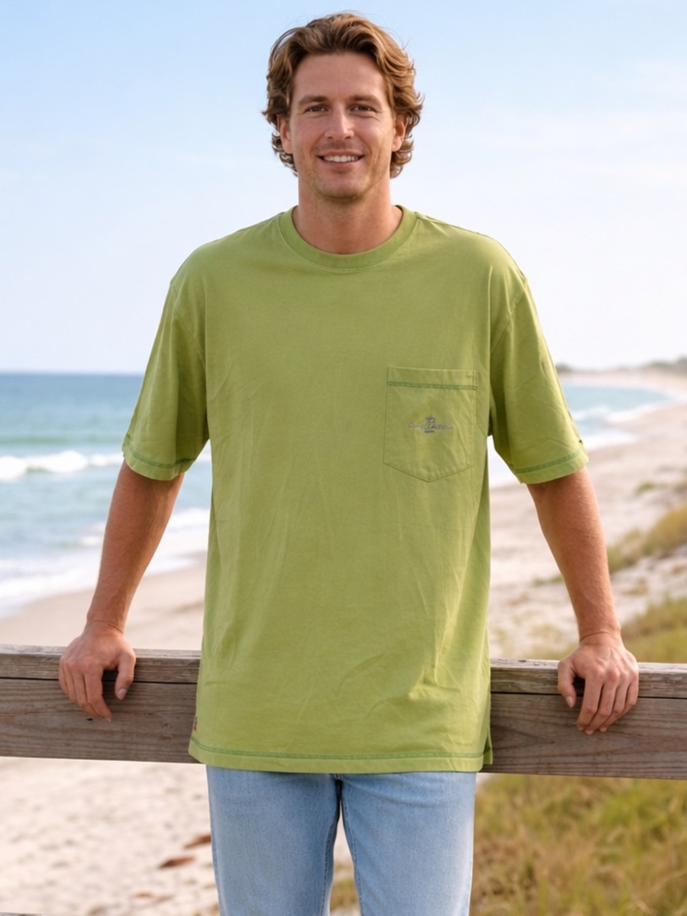 Tommy Bahama Tide Tee Lime Green Pocket T-Shirt Vintage Casual Sz XL Coastal